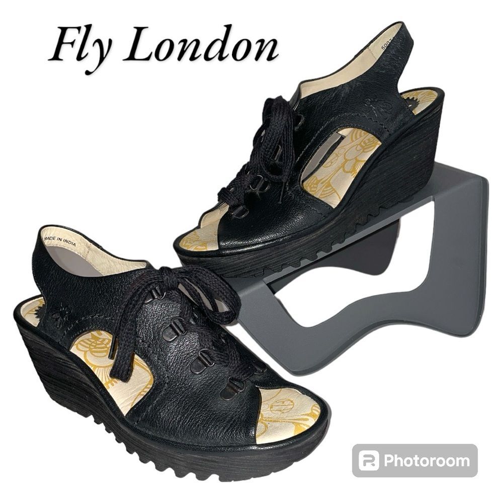Fly London Ylfa Lace Up Wedge Black Platform Sandals Size 38